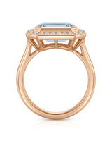 Solenne Halo emerald cut Aquamarine diamond cathedral ring setting in rose gold, profile view | SARATTI