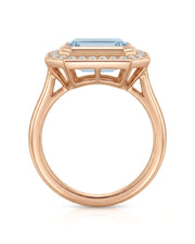 Solenne Halo emerald cut Aquamarine diamond cathedral ring setting in rose gold, profile view | SARATTI