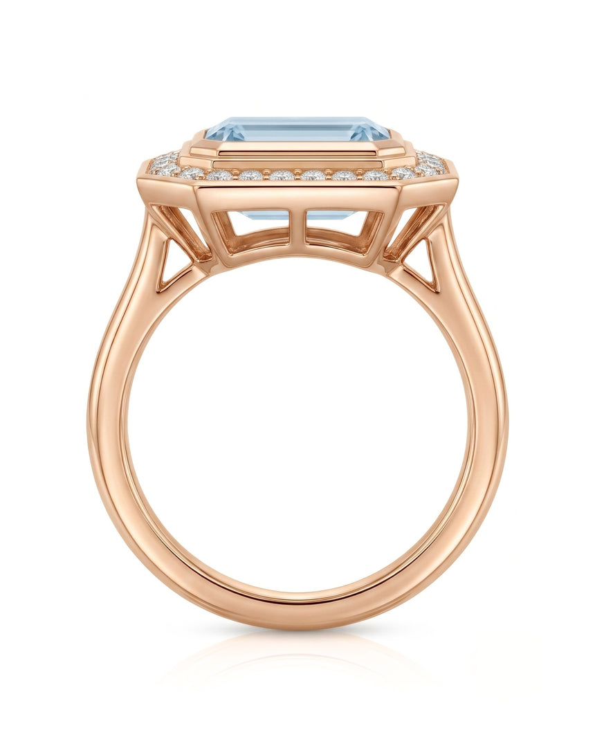 Solenne Halo emerald cut Aquamarine diamond cathedral ring setting in rose gold, profile view | SARATTI
