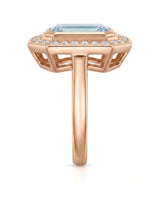 Solenne Halo emerald cut Aquamarine diamond cathedral ring setting in rose gold, side view | SARATTI