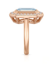 Solenne Halo emerald cut Aquamarine diamond cathedral ring setting in rose gold, side view | SARATTI