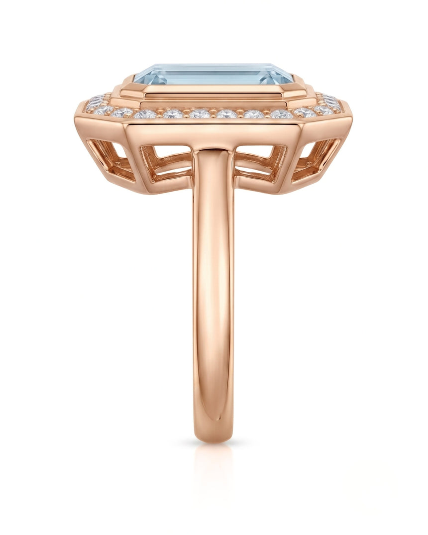 Solenne Halo emerald cut Aquamarine diamond cathedral ring setting in rose gold, side view | SARATTI