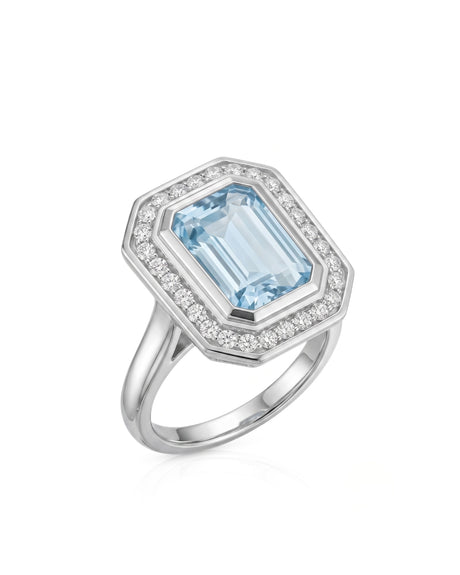 Solenne Halo emerald cut Aquamarine diamond cathedral ring setting in white gold, 45-degree view | SARATTI