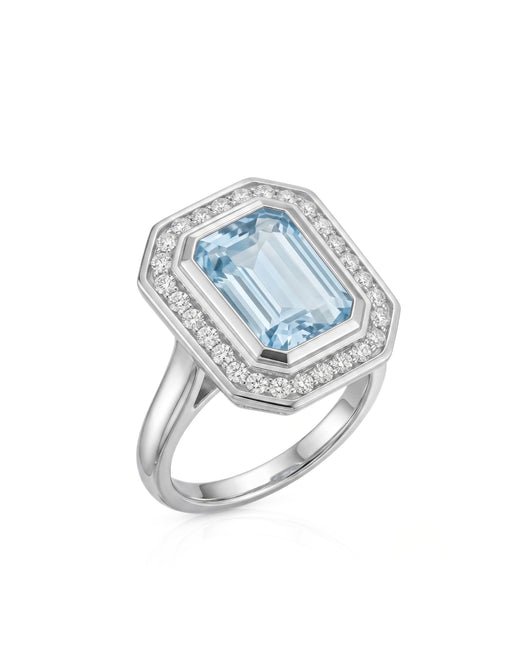 Solenne Halo emerald cut Aquamarine diamond cathedral ring setting in white gold, 45-degree view | SARATTI