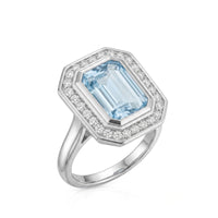 Solenne Halo – Emerald Cut Aquamarine Diamond Cathedral Ring Setting