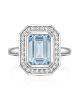 Solenne Halo emerald cut Aquamarine diamond cathedral ring setting in white gold, front view | SARATTI