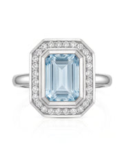 Solenne Halo emerald cut Aquamarine diamond cathedral ring setting in white gold, front view | SARATTI