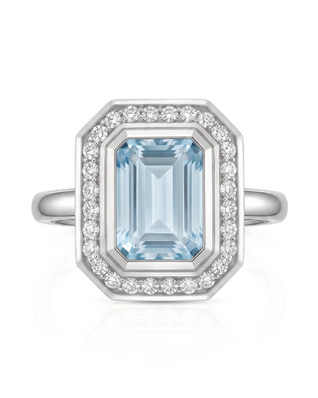 Solenne Halo emerald cut Aquamarine diamond cathedral ring setting in white gold, front view | SARATTI
