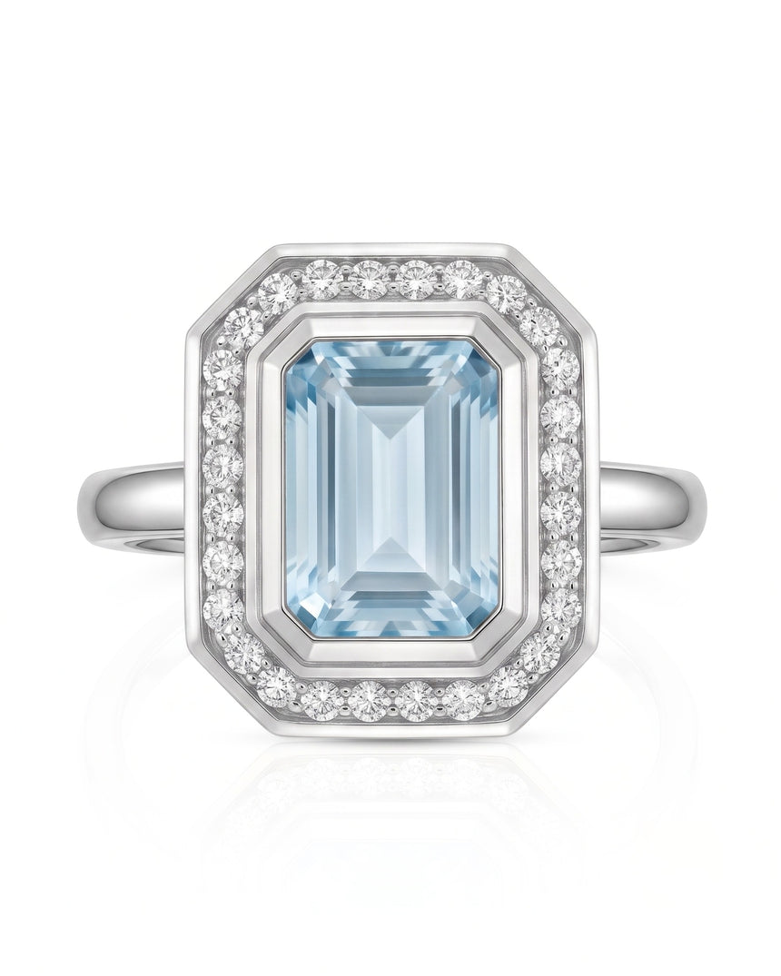 Solenne Halo emerald cut Aquamarine diamond cathedral ring setting in white gold, front view | SARATTI