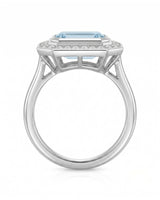 Solenne Halo emerald cut Aquamarine diamond cathedral ring setting in white gold, profile view | SARATTI