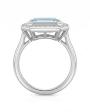 Solenne Halo emerald cut Aquamarine diamond cathedral ring setting in white gold, profile view | SARATTI