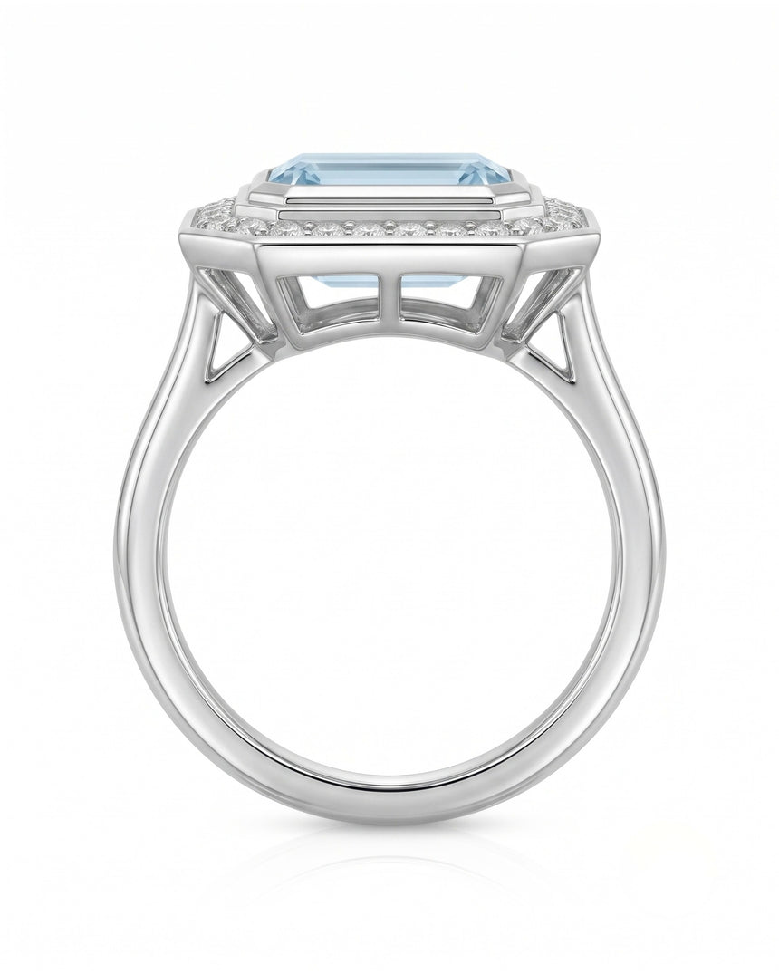 Solenne Halo emerald cut Aquamarine diamond cathedral ring setting in white gold, profile view | SARATTI