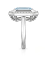 Solenne Halo emerald cut Aquamarine diamond cathedral ring setting in white gold, side view | SARATTI