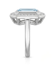 Solenne Halo emerald cut Aquamarine diamond cathedral ring setting in white gold, side view | SARATTI
