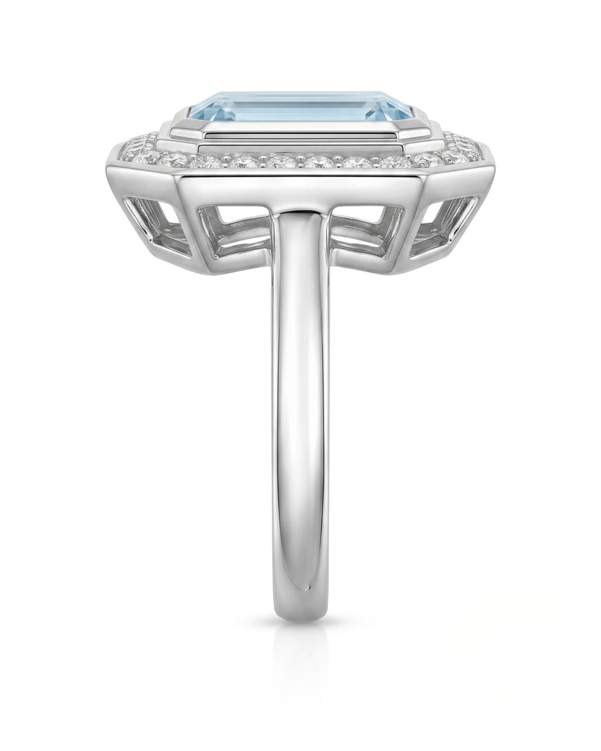 Solenne Halo emerald cut Aquamarine diamond cathedral ring setting in white gold, side view | SARATTI
