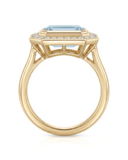 Solenne Halo emerald cut Aquamarine diamond cathedral ring setting in yellow gold, side view | SARATTI