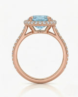 Solenne Halo Oval Aquamarine Diamond Ring Setting in Rose Gold, front view | SARATTI