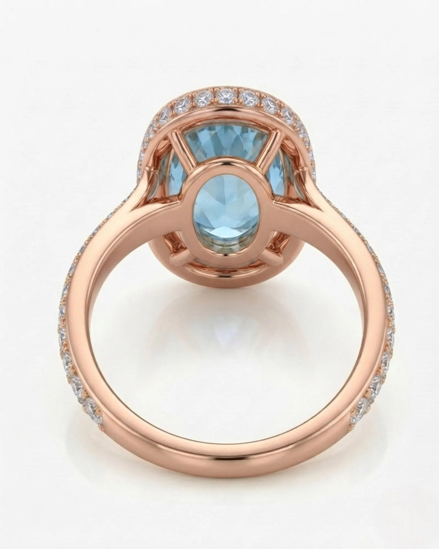 Solenne Halo Oval Aquamarine Diamond Ring Setting in Rose Gold, halo detail | SARATTI
