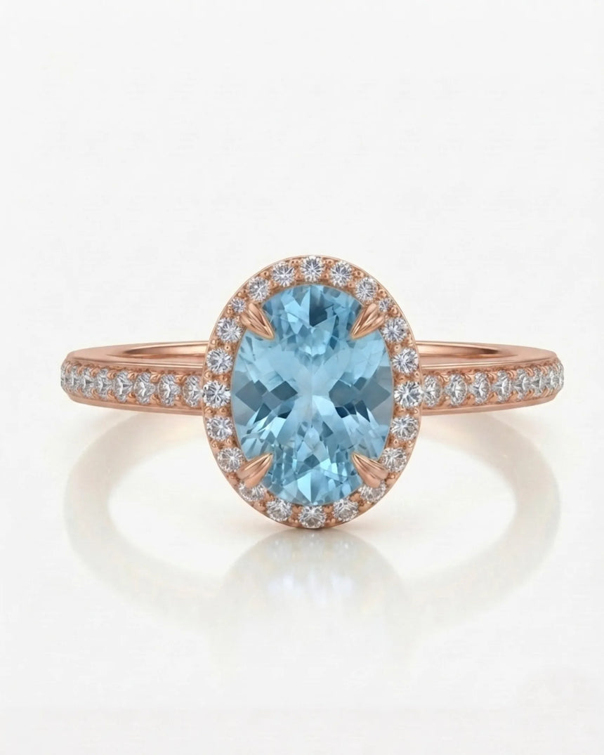 Solenne Halo Oval Aquamarine Diamond Ring Setting in Rose Gold, rear gallery view | SARATTI