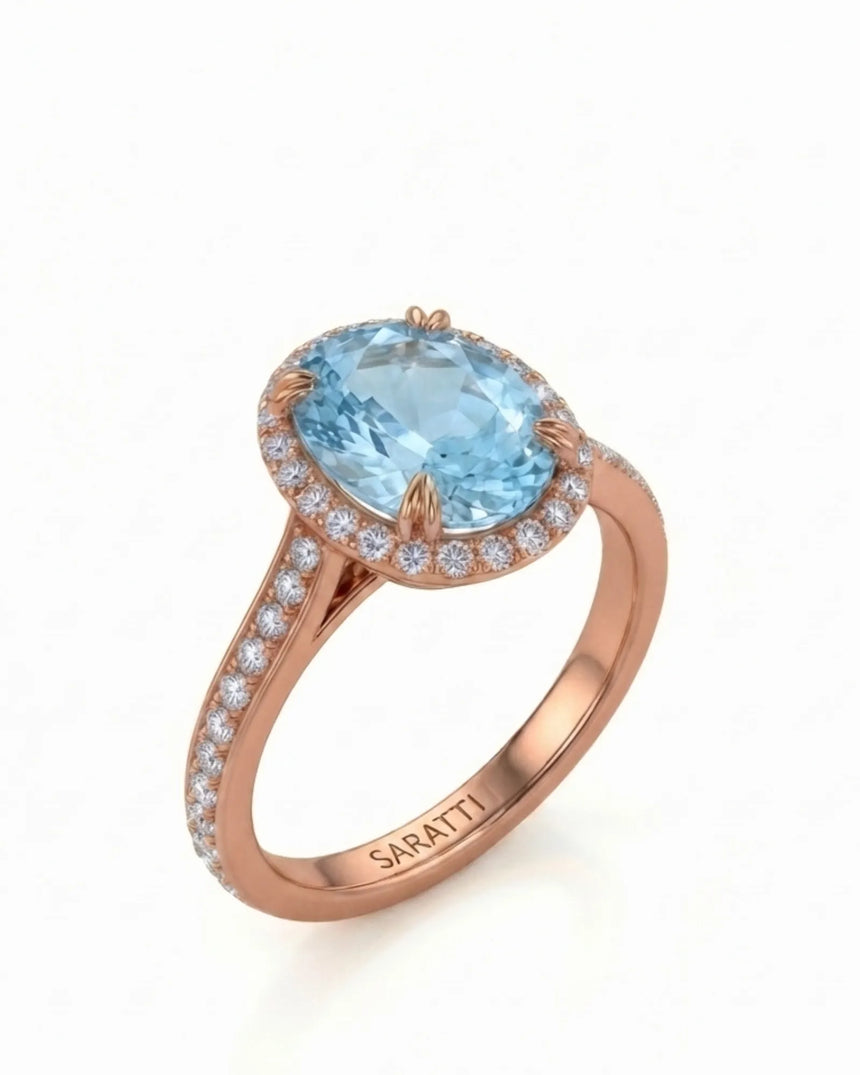 Solenne Halo Oval Aquamarine Diamond Ring Setting in Rose Gold, three-quarter view | SARATTI