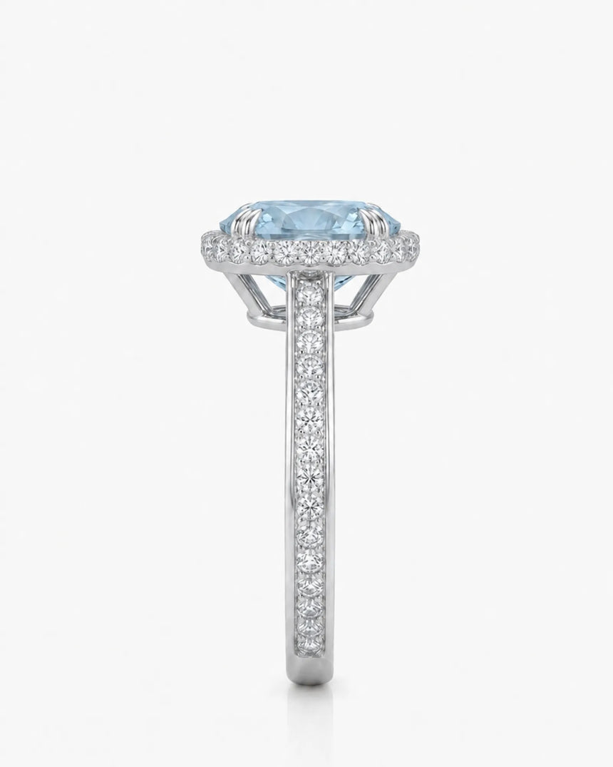 Solenne Halo Oval Aquamarine Diamond Ring Setting in White Gold, front view | SARATTI