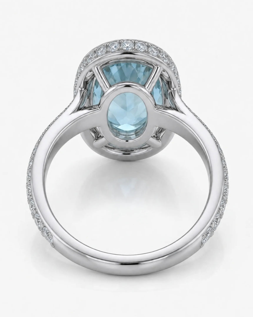 Solenne Halo Oval Aquamarine Diamond Ring Setting in White Gold, rear gallery view | SARATTI