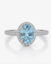 Solenne Halo Oval Aquamarine Diamond Ring Setting in White Gold, side profile | SARATTI