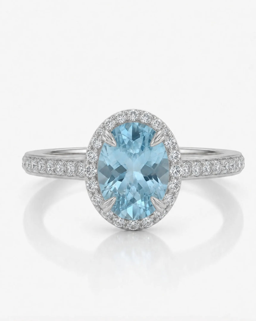 Solenne Halo Oval Aquamarine Diamond Ring Setting in White Gold, side profile | SARATTI