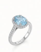 Solenne Halo Oval Aquamarine Diamond Ring Setting in White Gold, three-quarter view | SARATTI