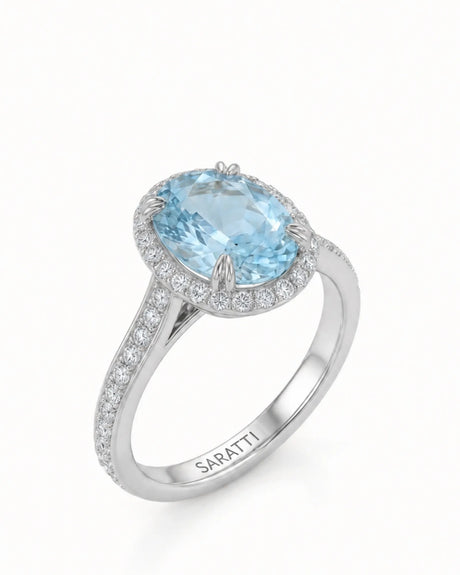 Solenne Halo Oval Aquamarine Diamond Ring Setting in White Gold, three-quarter view | SARATTI
