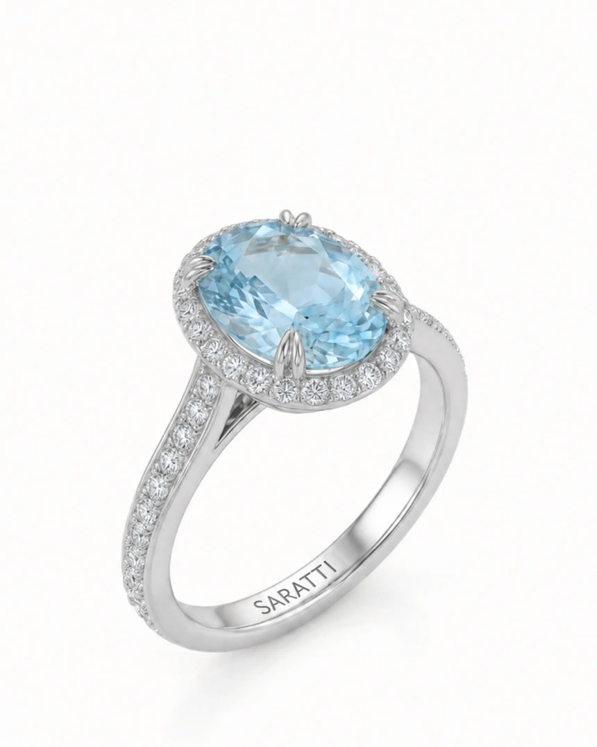 Solenne Halo Oval Aquamarine Diamond Ring Setting in White Gold, three-quarter view | SARATTI