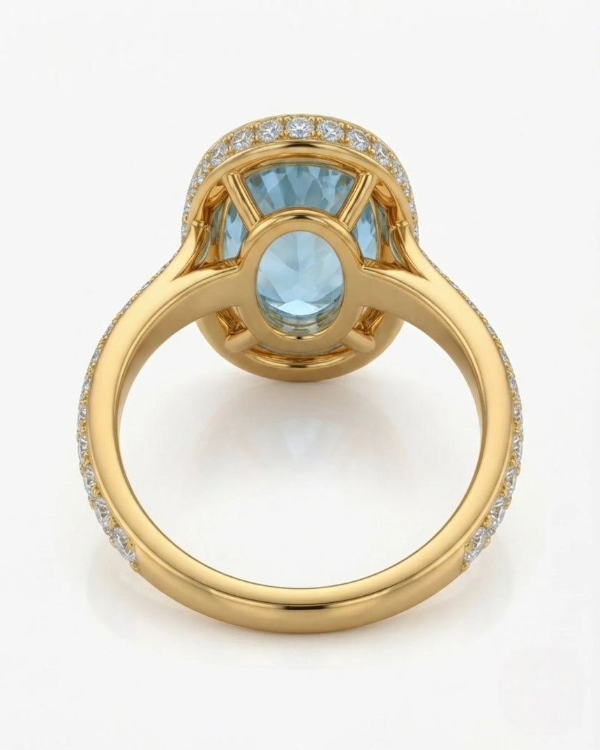 Solenne Halo Oval Aquamarine Diamond Ring Setting in Yellow Gold, halo detail | SARATTI