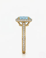Solenne Halo Oval Aquamarine Diamond Ring Setting in Yellow Gold, side profile | SARATTI