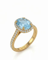 Solenne Halo Oval Aquamarine Diamond Ring Setting in Yellow Gold, three-quarter view | SARATTI