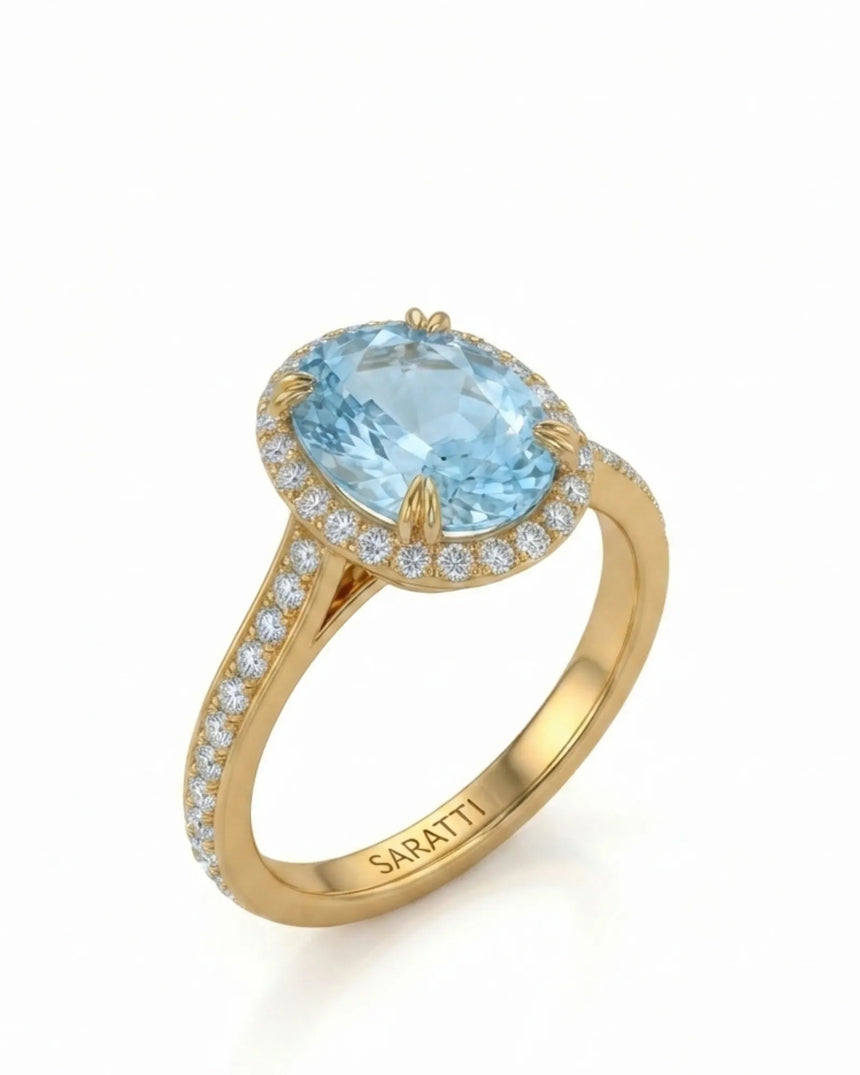 Solenne Halo Oval Aquamarine Diamond Ring Setting in Yellow Gold, three-quarter view | SARATTI
