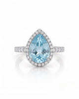 SOLENNE Halo pear cut Aquamarine diamond ring setting in Platinum, front view | SARATTI