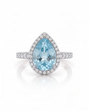 SOLENNE Halo pear cut Aquamarine diamond ring setting in Platinum, front view | SARATTI