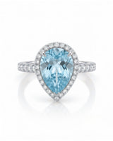 SOLENNE Halo pear cut Aquamarine diamond ring setting in Platinum, three-quarter view | SARATTI