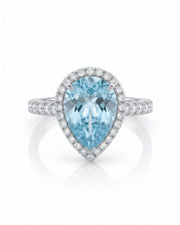 SOLENNE Halo pear cut Aquamarine diamond ring setting in Platinum, three-quarter view | SARATTI