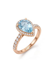SOLENNE Halo pear cut Aquamarine diamond ring setting in Rose Gold, 45-degree view | SARATTI