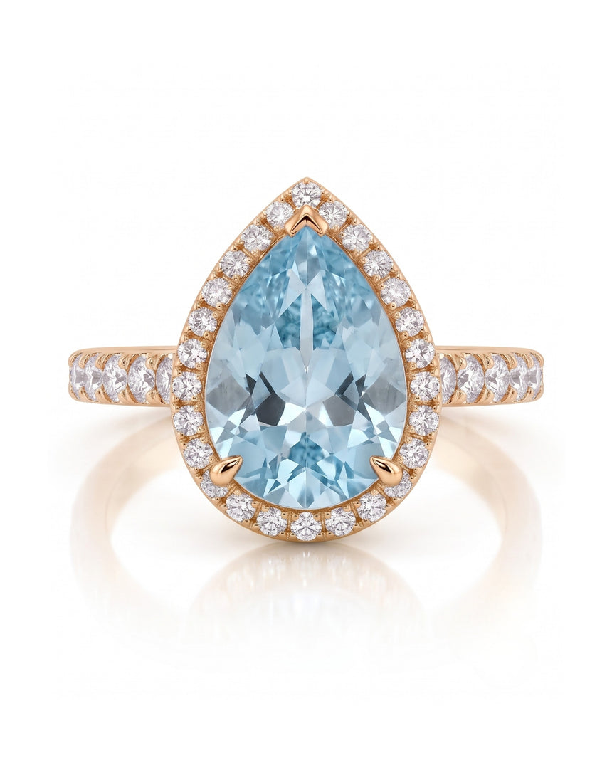 SOLENNE Halo pear cut Aquamarine diamond ring setting in Rose Gold, front view | SARATTI