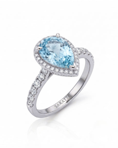 SOLENNE Halo pear cut Aquamarine diamond ring setting in White Gold, 45-degree view | SARATTI