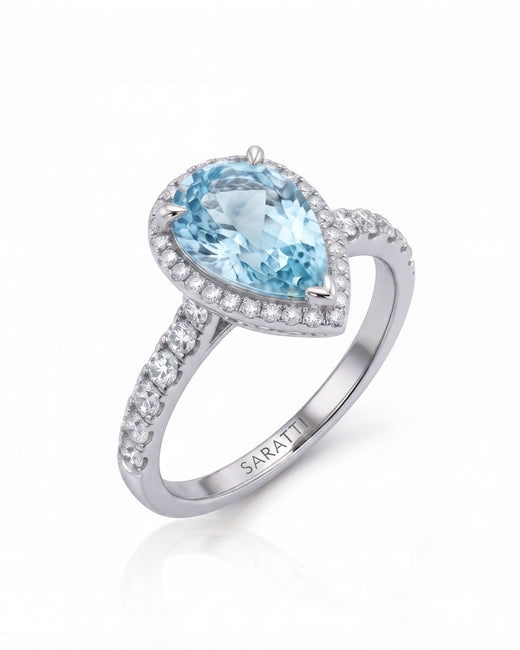 SOLENNE Halo pear cut Aquamarine diamond ring setting in White Gold, 45-degree view | SARATTI