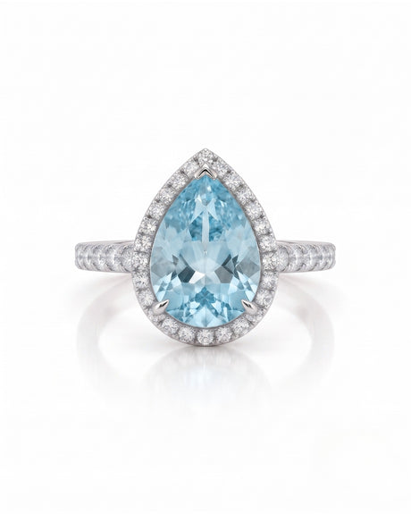 SOLENNE Halo pear cut Aquamarine diamond ring setting in White Gold, front view | SARATTI