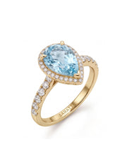 SOLENNE Halo pear cut Aquamarine diamond ring setting in Yellow Gold, 45-degree view | SARATTI