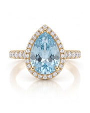 SOLENNE Halo pear cut Aquamarine diamond ring setting in Yellow Gold, front view | SARATTI