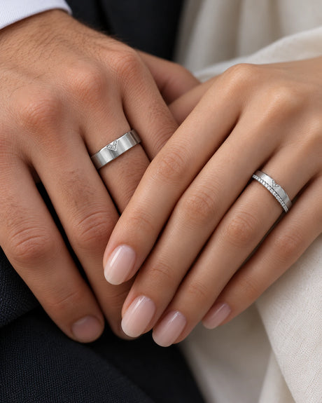 Steel Dimension natural diamond wedding set in 18K White Gold, couple worn view | SARATTI