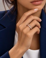 Tiara diamond wedding band in 18K rose gold styled on a model, showing the diamond-set tiara contour | SARATTI