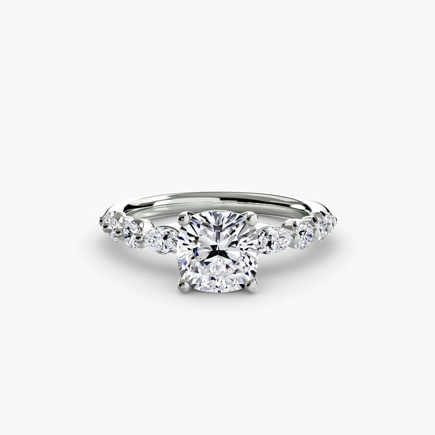 TIERED ACCENT – Cushion Cut Graduated Diamond Solitaire Ring Setting – White Gold view | SARATTI