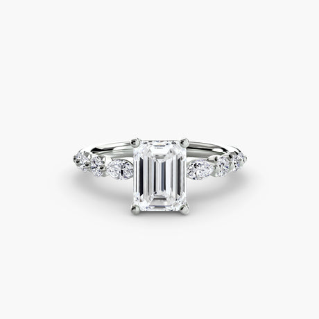 TIERED ACCENT – Emerald Cut Graduated Diamond Solitaire Ring Setting in White Gold, standalone product view | SARATTI